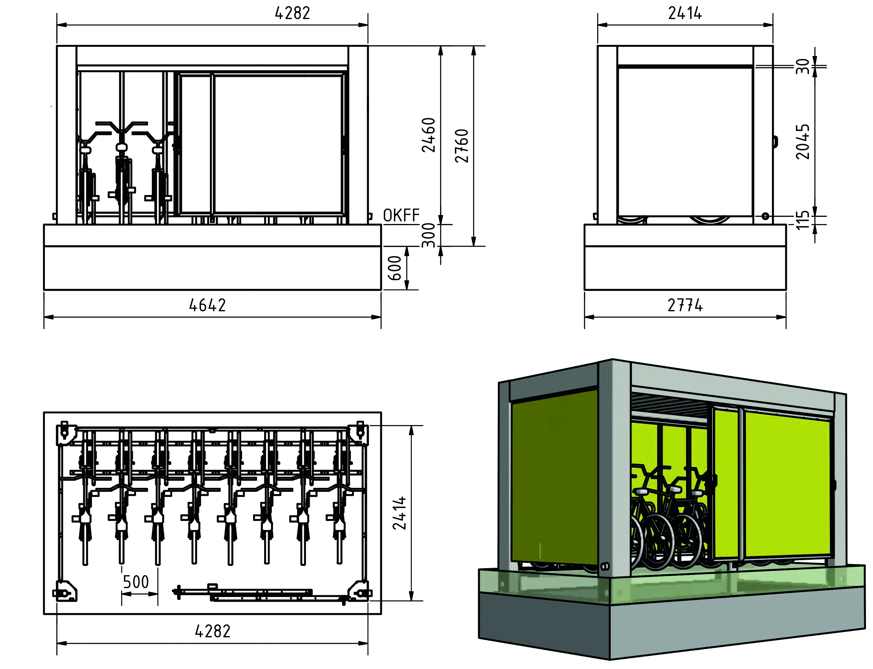 KUBUS 241 Konfiguration 2414×4282mm – 8 Stellplätze mit Basic Plus 50 Fahrradständern